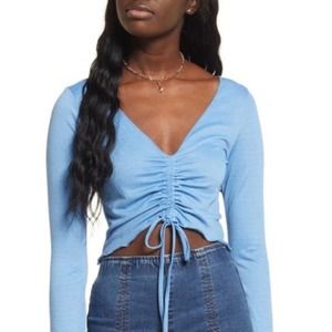 BP Nordstrom Cinch Tie Crinkle Blue Lichen Bell Sleeve Crop Top